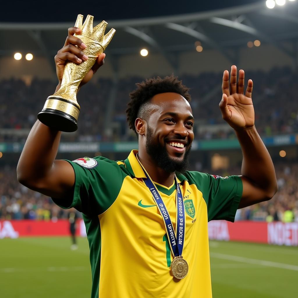 Pierre-Emerick Aubameyang celebrating with the African Footballer of the Year trophy