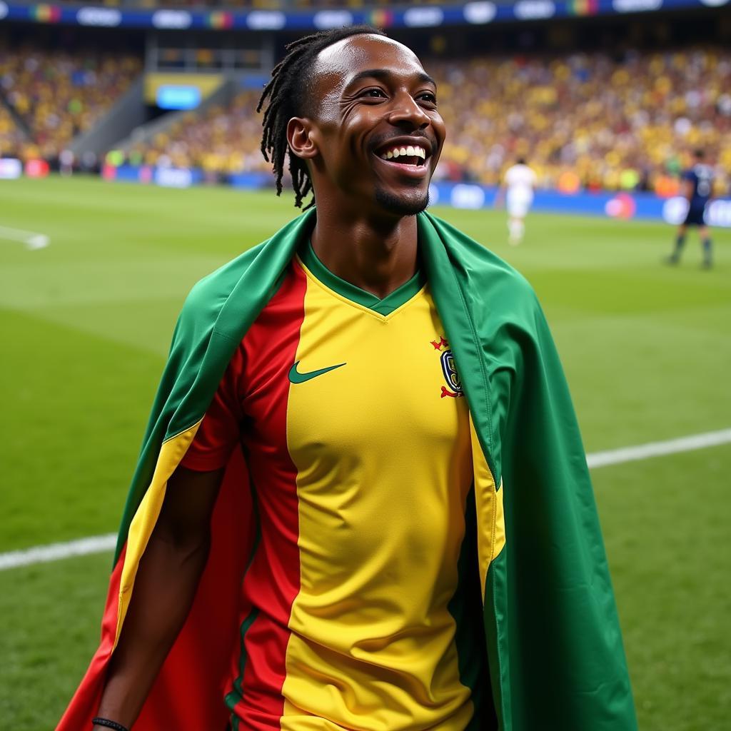 Aubameyang proudly displays the Gabonese flag after winning the award