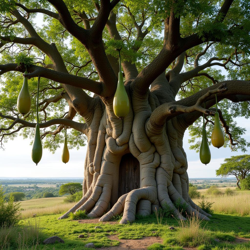 African baobab tree with leaves and fruit