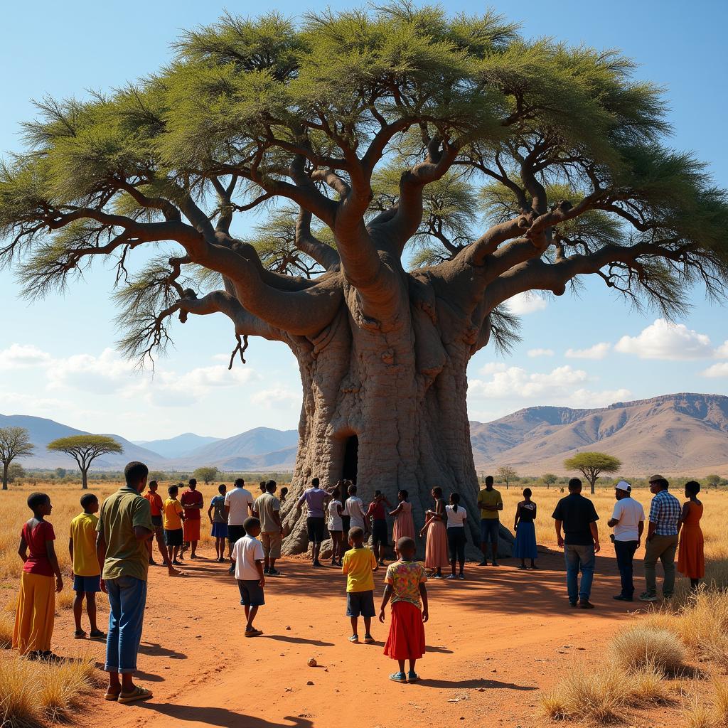 Community gathering under a large baobab tree