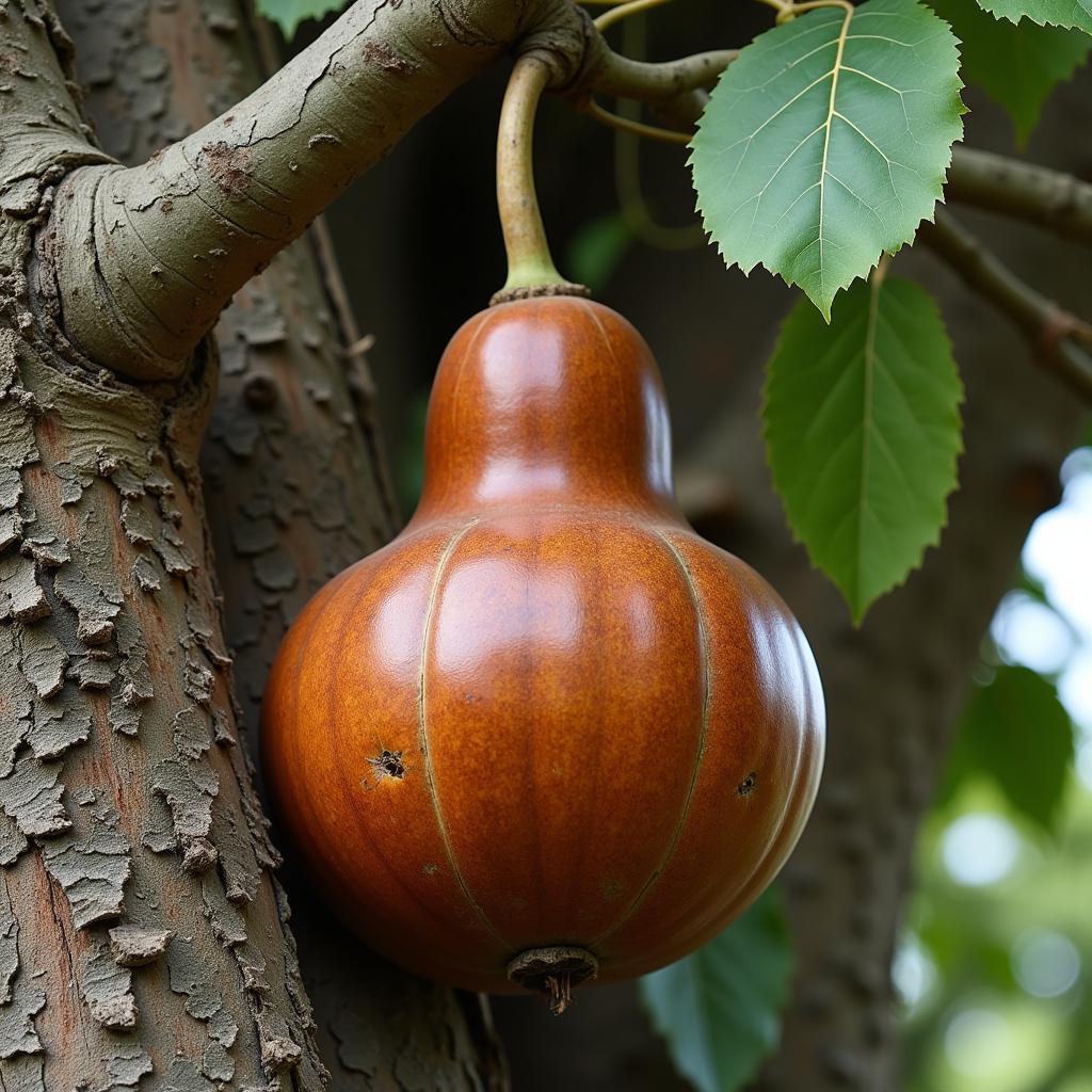 Close-up of baobab fruit, leaves, and bark