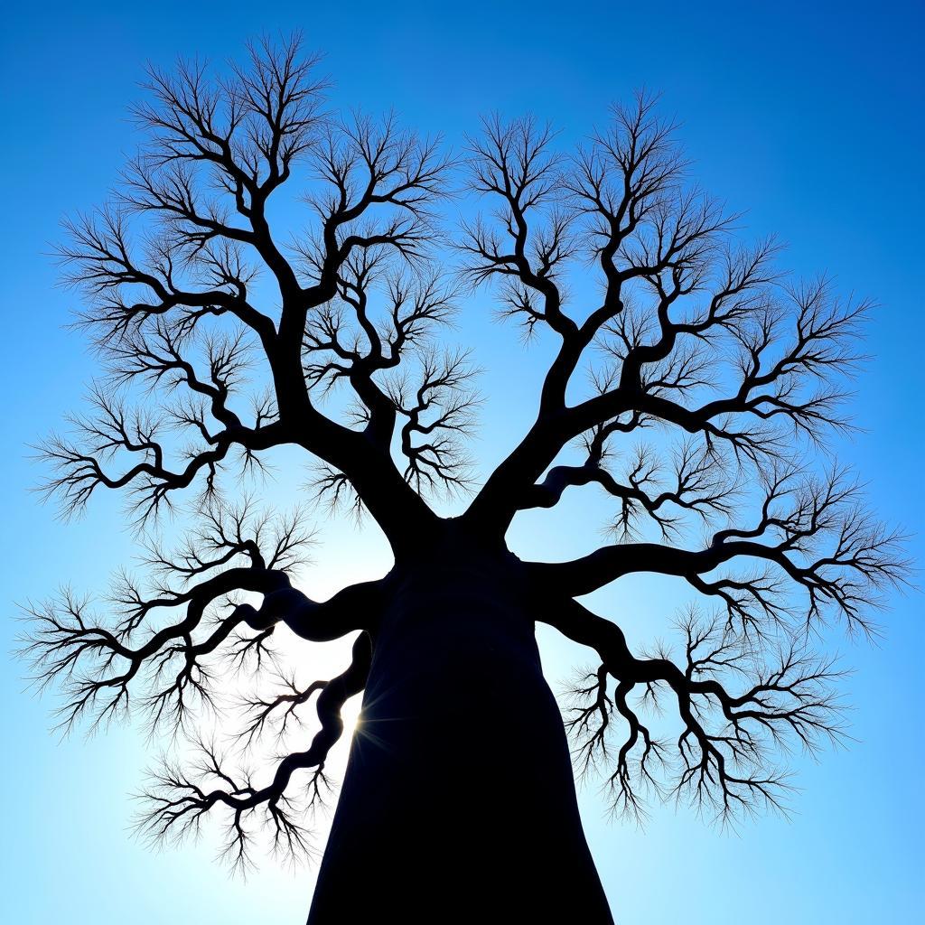 Baobab tree branches resembling roots against the sky