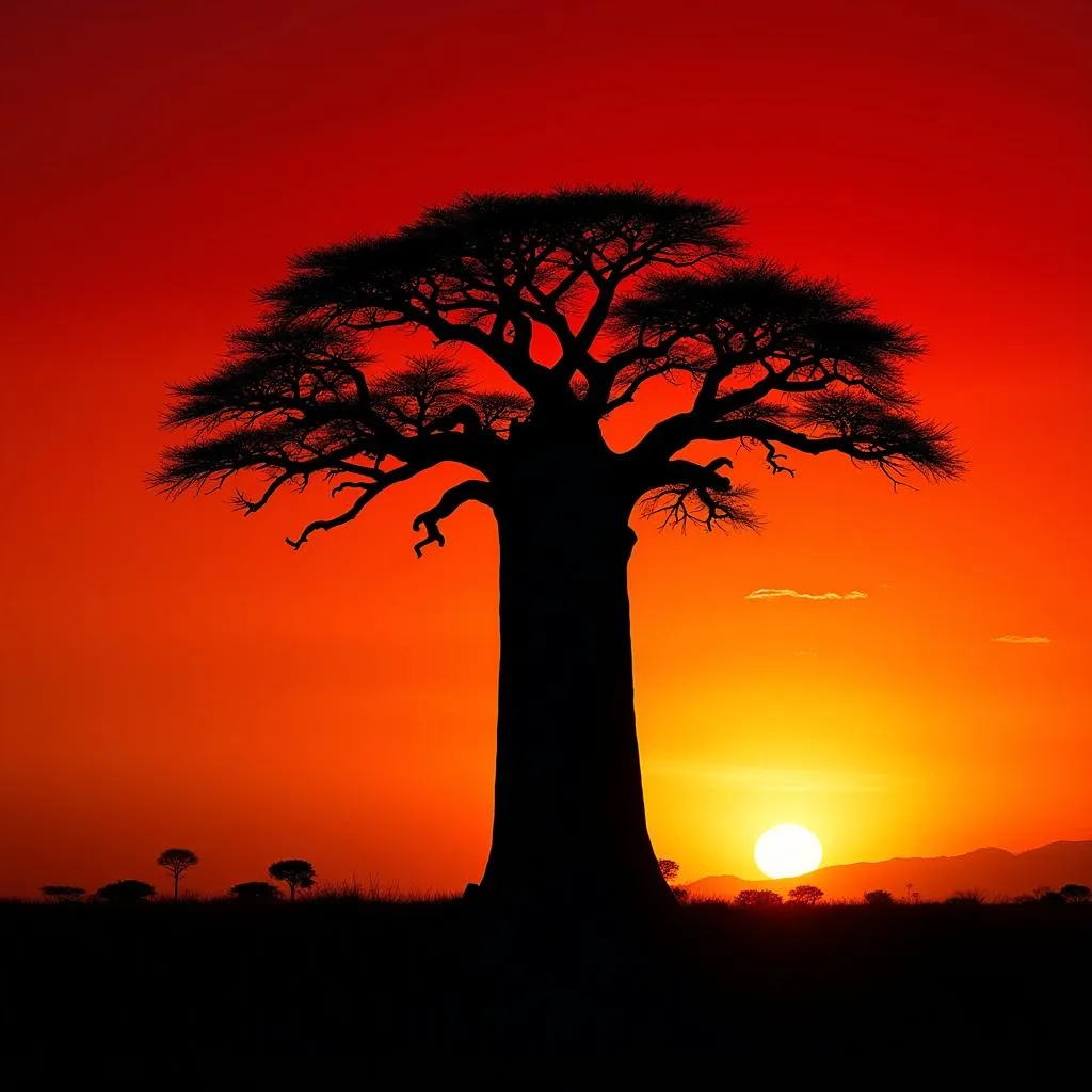 Majestic Baobab Tree Silhouetted Against a Vibrant Sunset