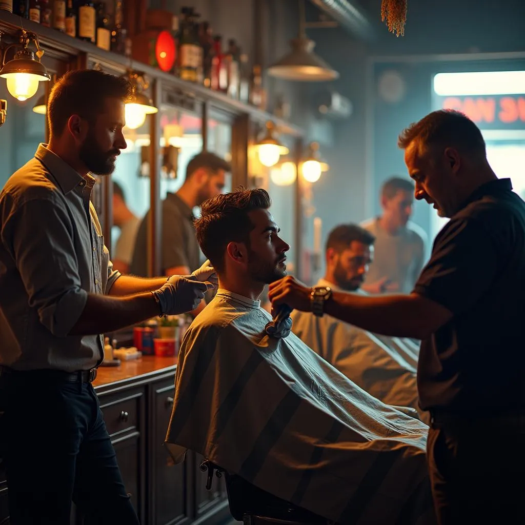 Busy barbershop with customers and barbers