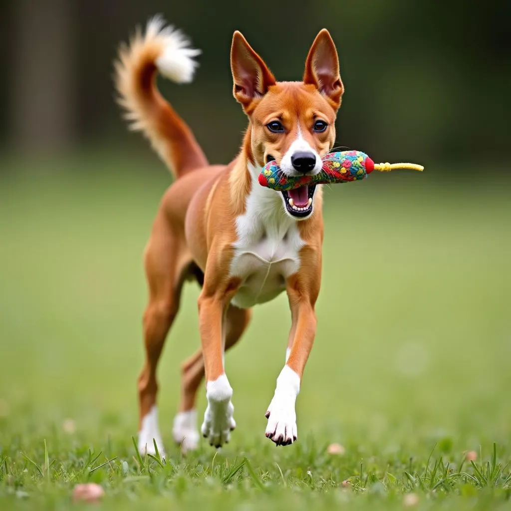 Action shot of a Basenji dog running joyfully in a park, a colorful toy clutched in its mouth.