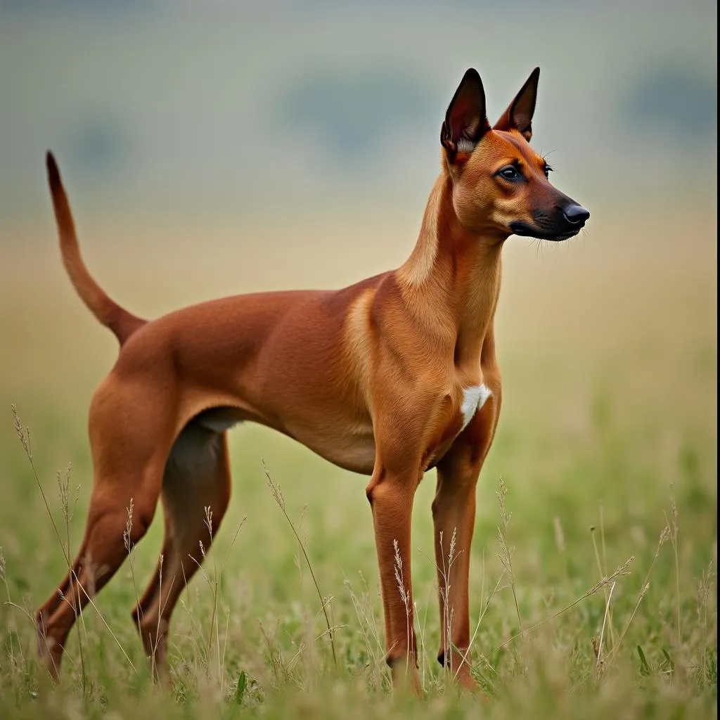 Basenji dog standing gracefully in a grassland, its ears perked up and tail curled.