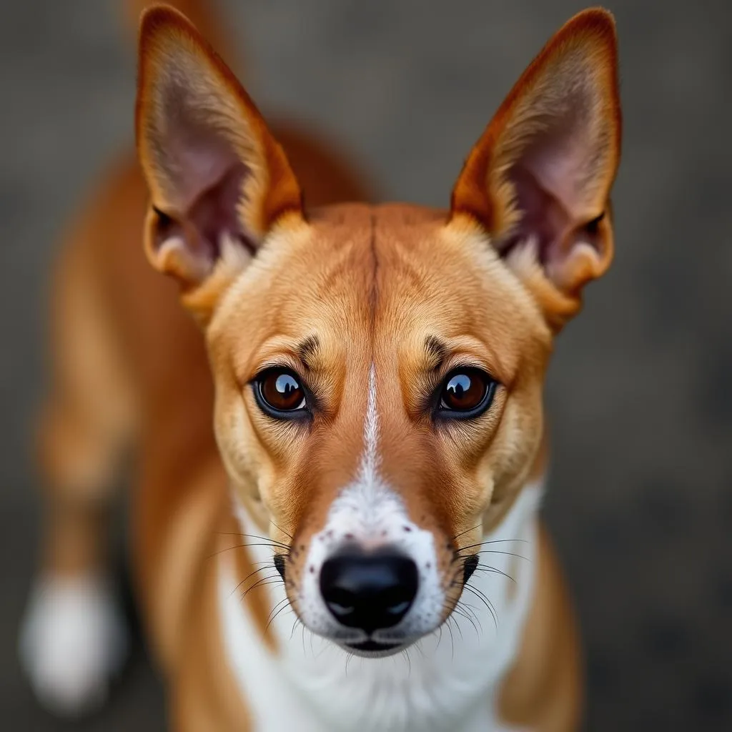 Close-up of a Basenji dog's face with its signature wrinkled forehead and a curious expression.