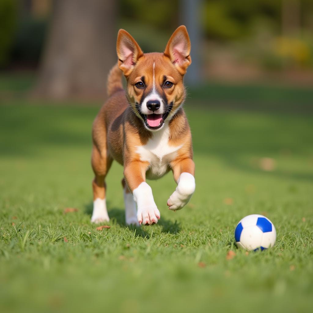 Basenji puppy playing fetch in a park