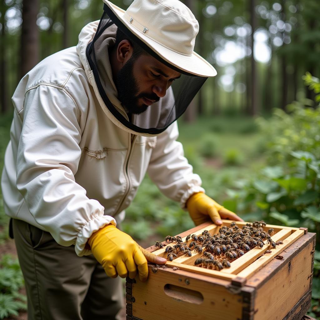 Beekeeper inspecting an African honey bee hive