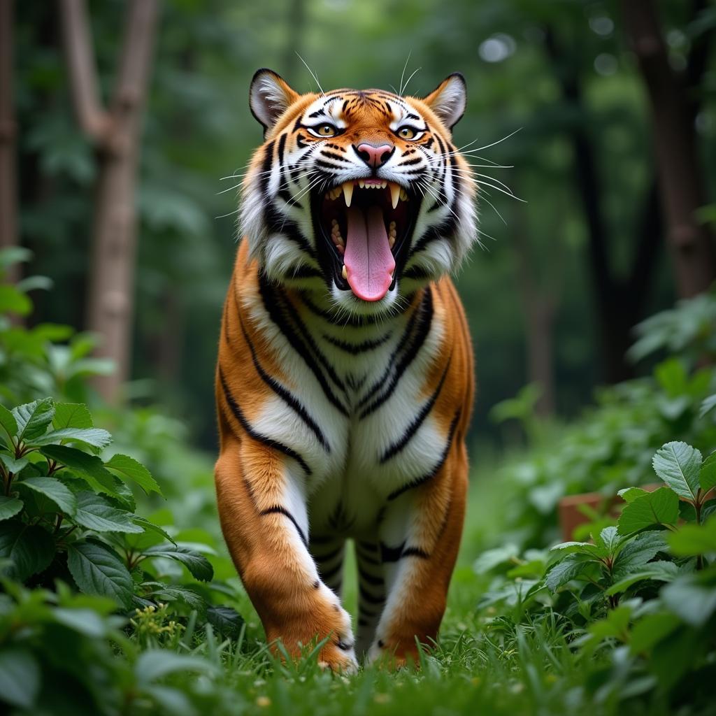 Bengal tiger roaring in a dense jungle