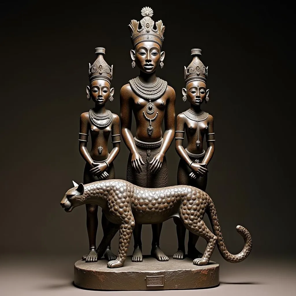 Benin Bronze Depicting an African King with a Leopard