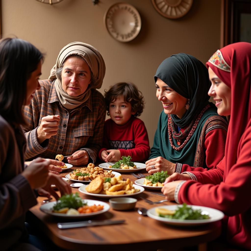 Berber family gathering around a traditional meal