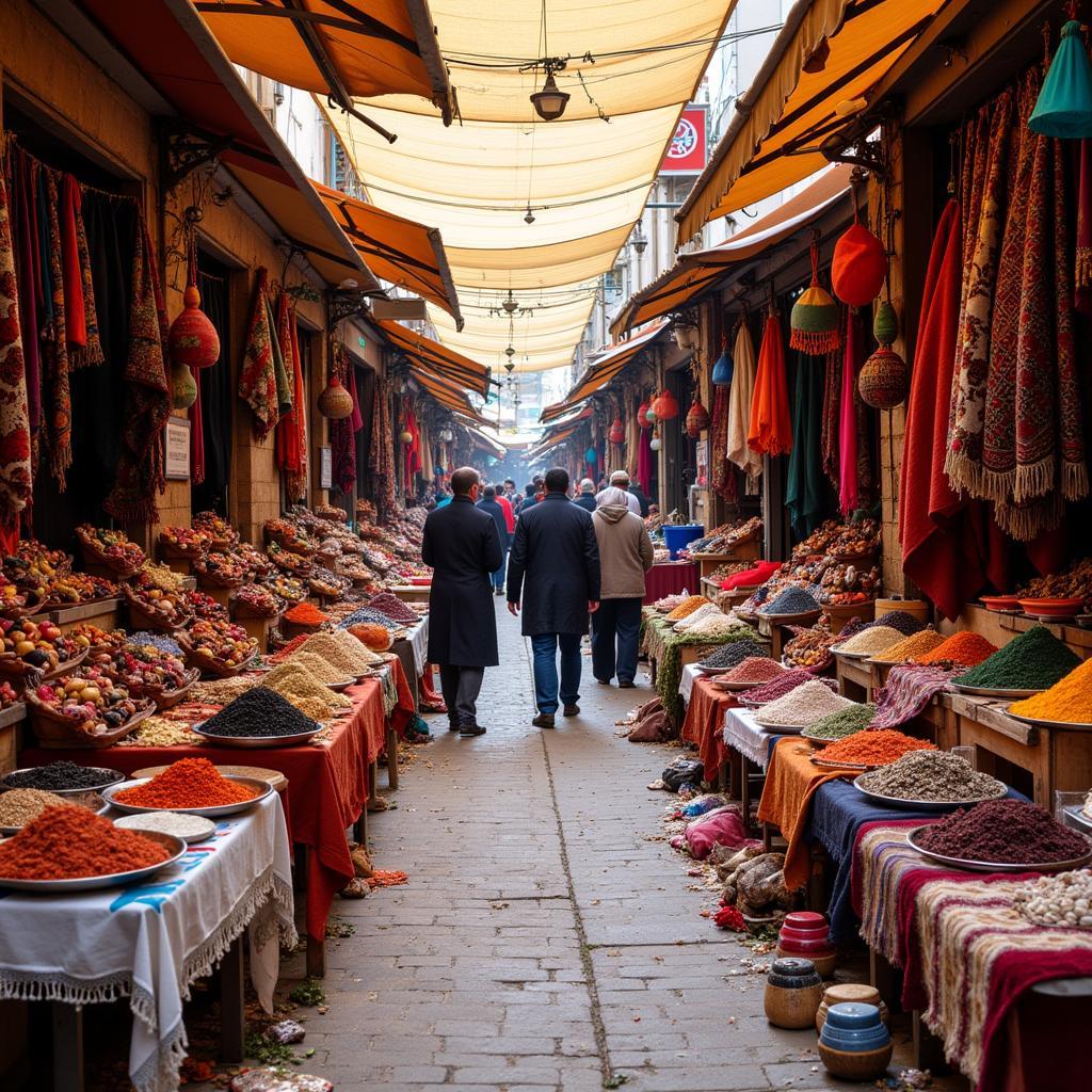 Bustling Berber market with colorful textiles