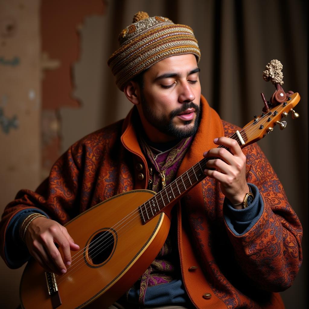 Berber musician playing a traditional instrument with passion