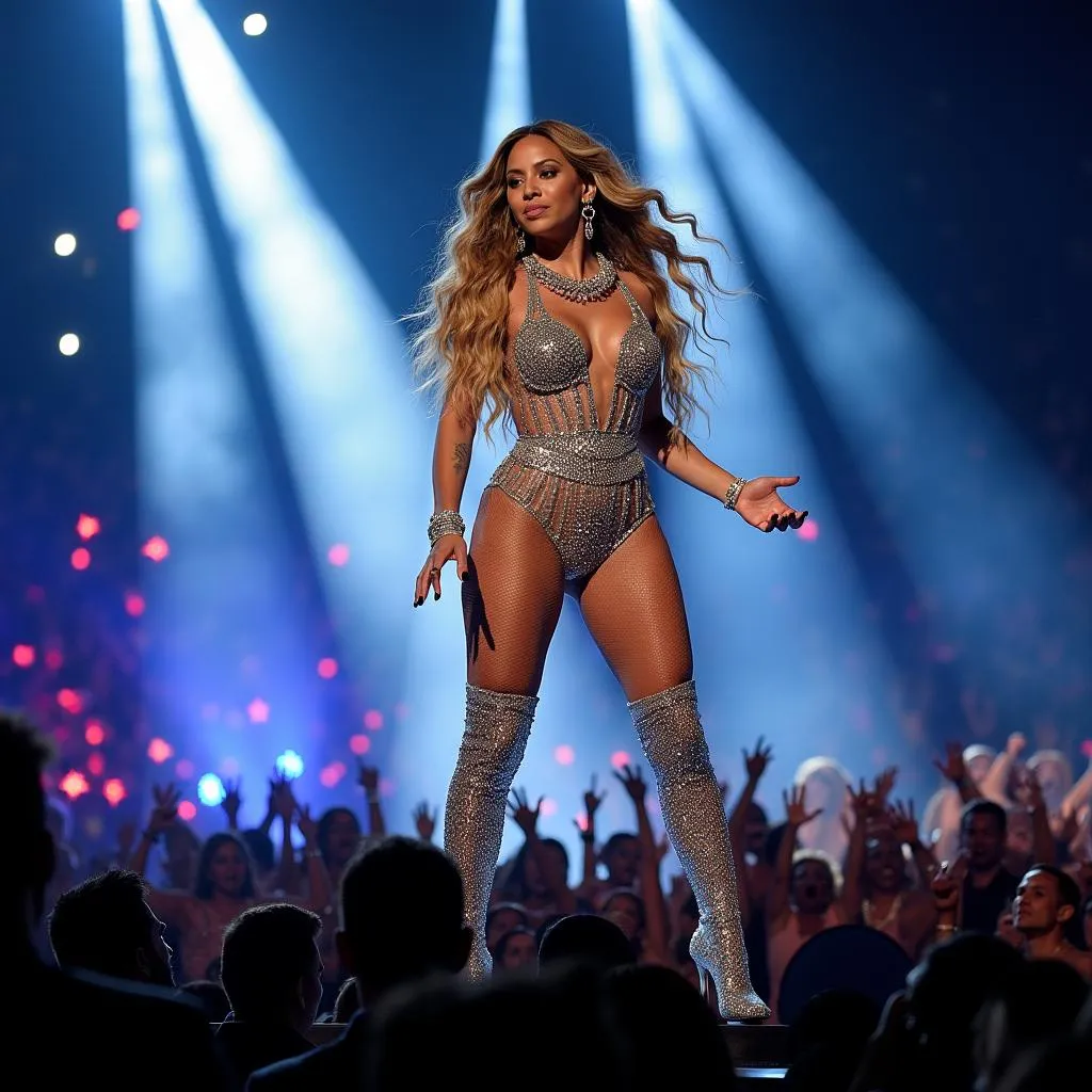 Beyonce in an elaborate stage costume during a live performance