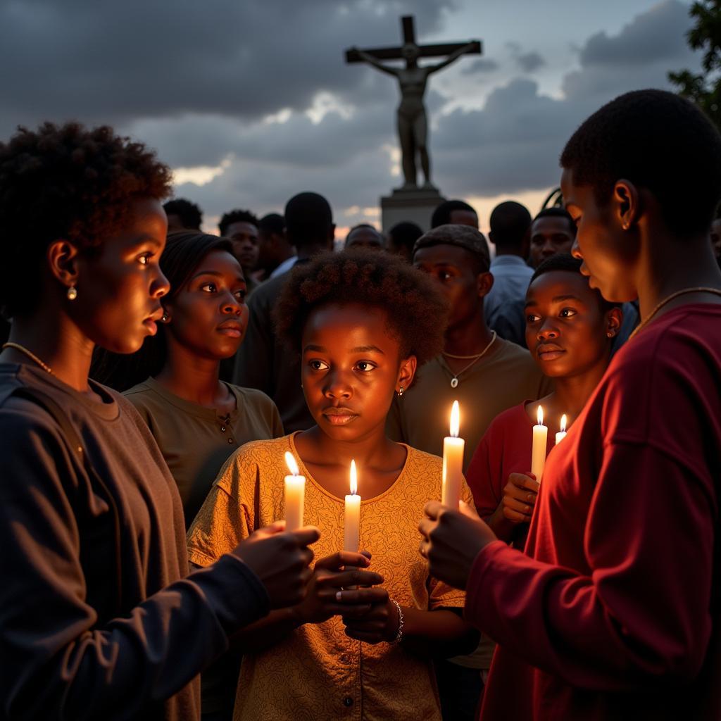 Image of a Biafran War memorial with people gathered to commemorate the event