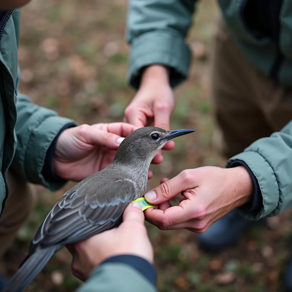 Researchers banding a migratory bird