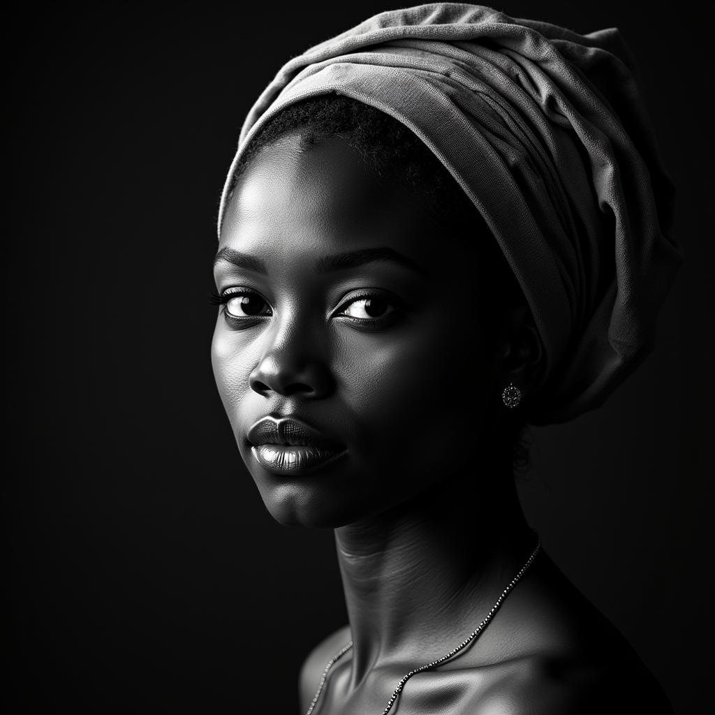 A striking black and white portrait of an elderly African lady wearing a traditional headwrap