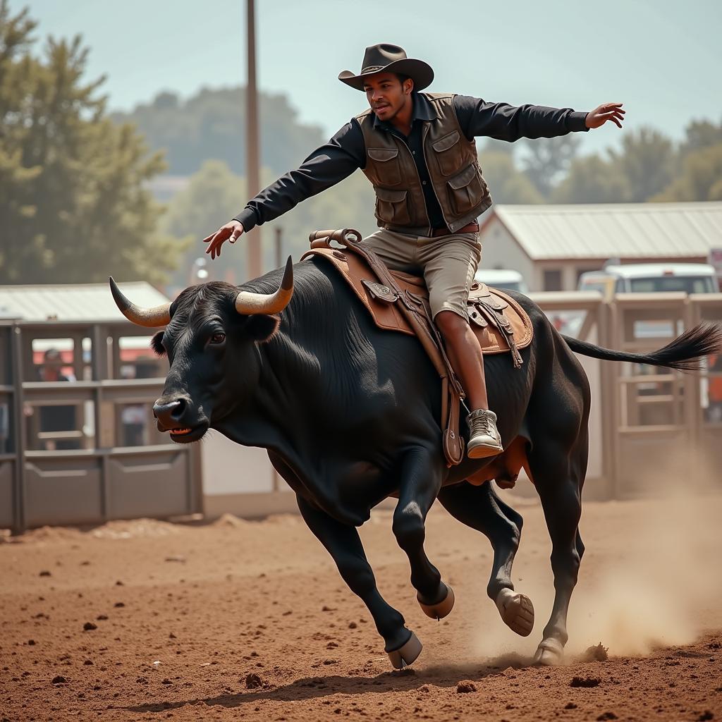 A Black bull rider competing in a professional rodeo, demonstrating skill and athleticism.