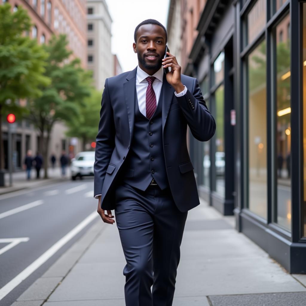 A Black man walking and talking on his cell phone while on his way to work