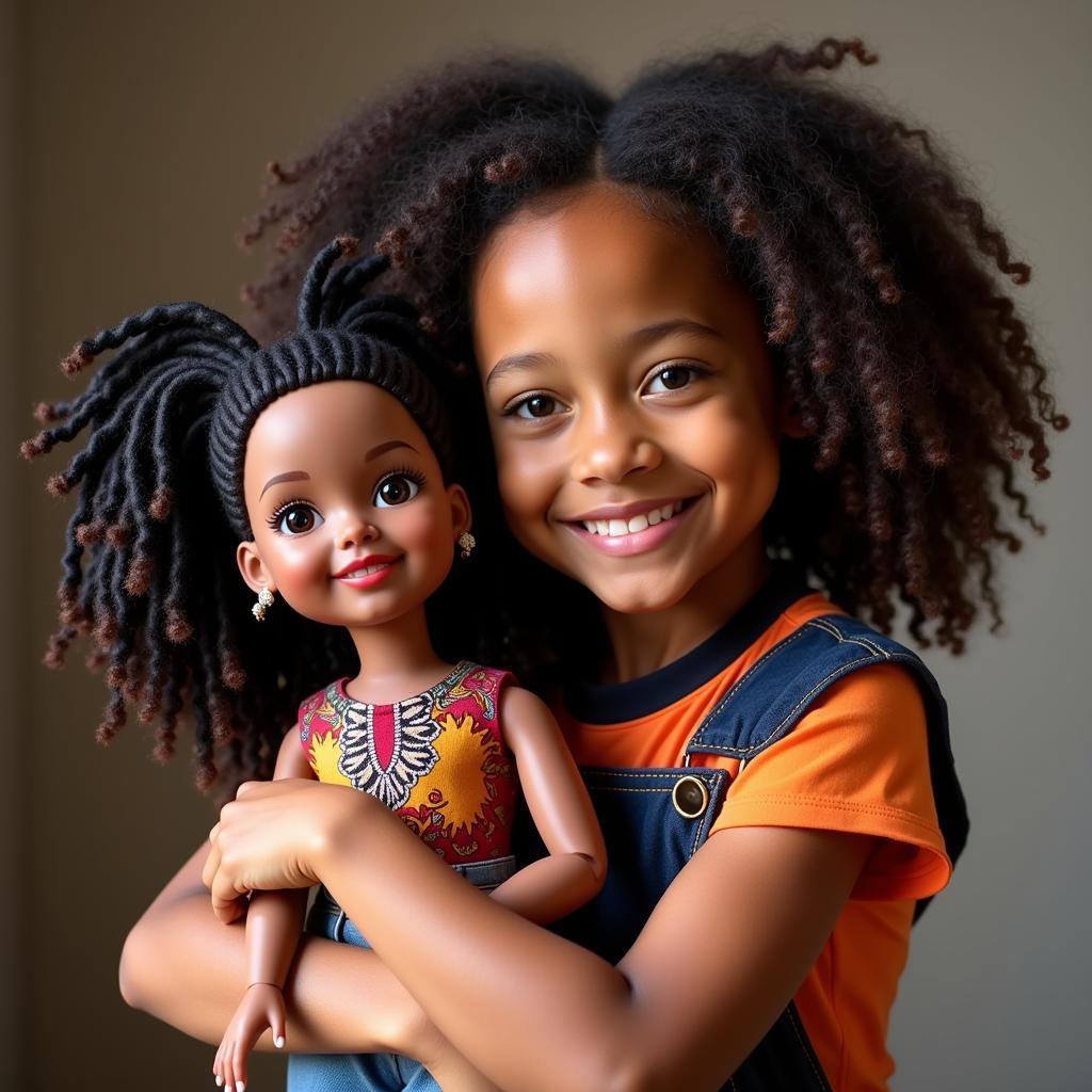 Young Black Girl Holds Her Doll with Dreads Close