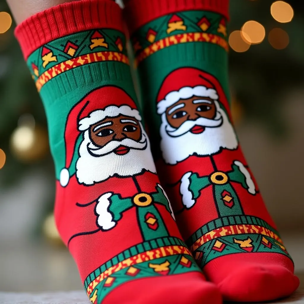 Black Santa Claus Socks with Colorful Kwanzaa Patterns