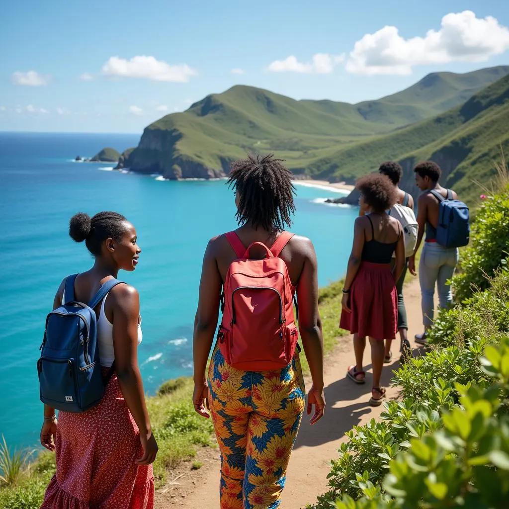 Group of Black Tourists Exploring a Tropical Island