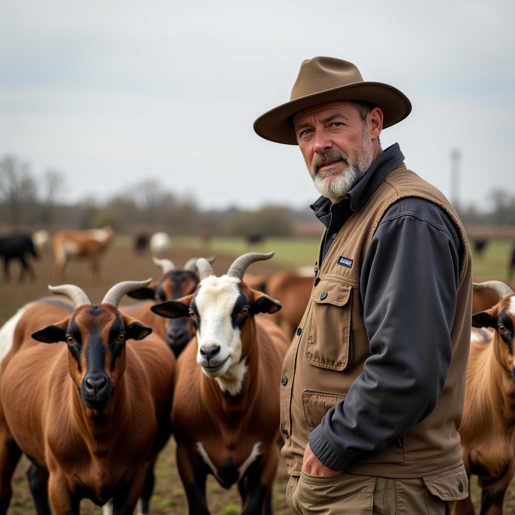 Boer goat farmer tending to his herd