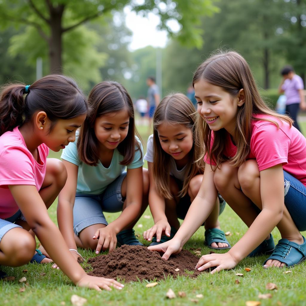 A group of diverse young girls participating in a community clean-up project