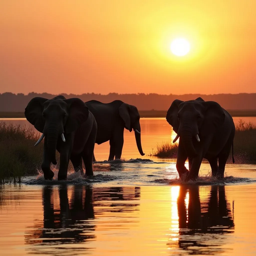 Elephants wading through the Okavango Delta