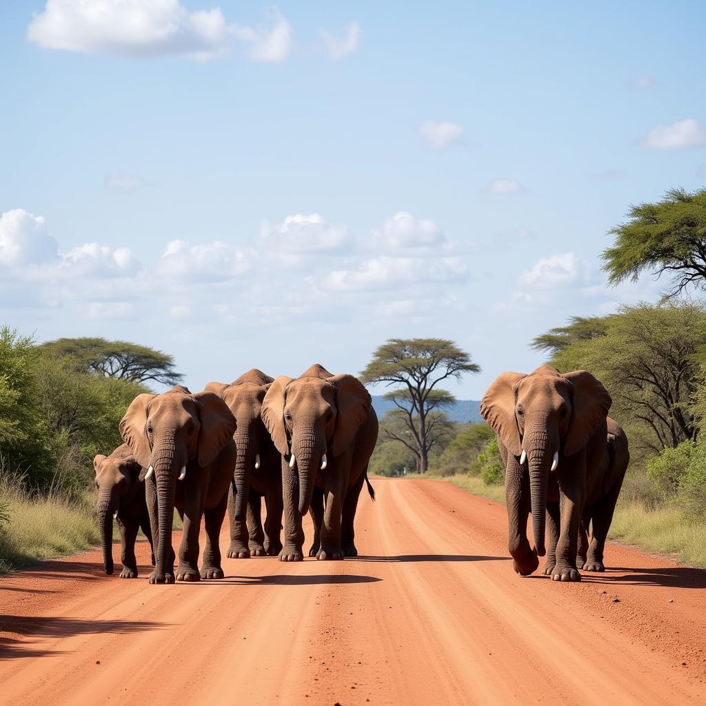 Elephants crossing a road in Botswana on Google Street View