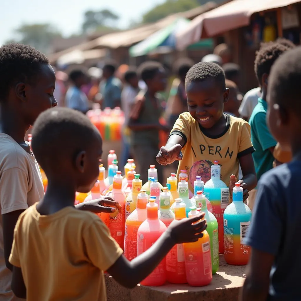 Local vendors selling bubble solution in an African market