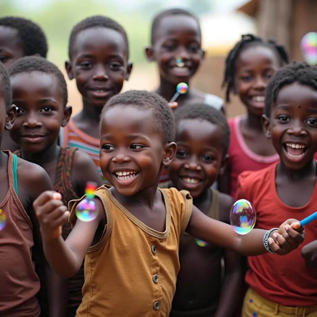 African children blowing bubbles with handmade bubble wands