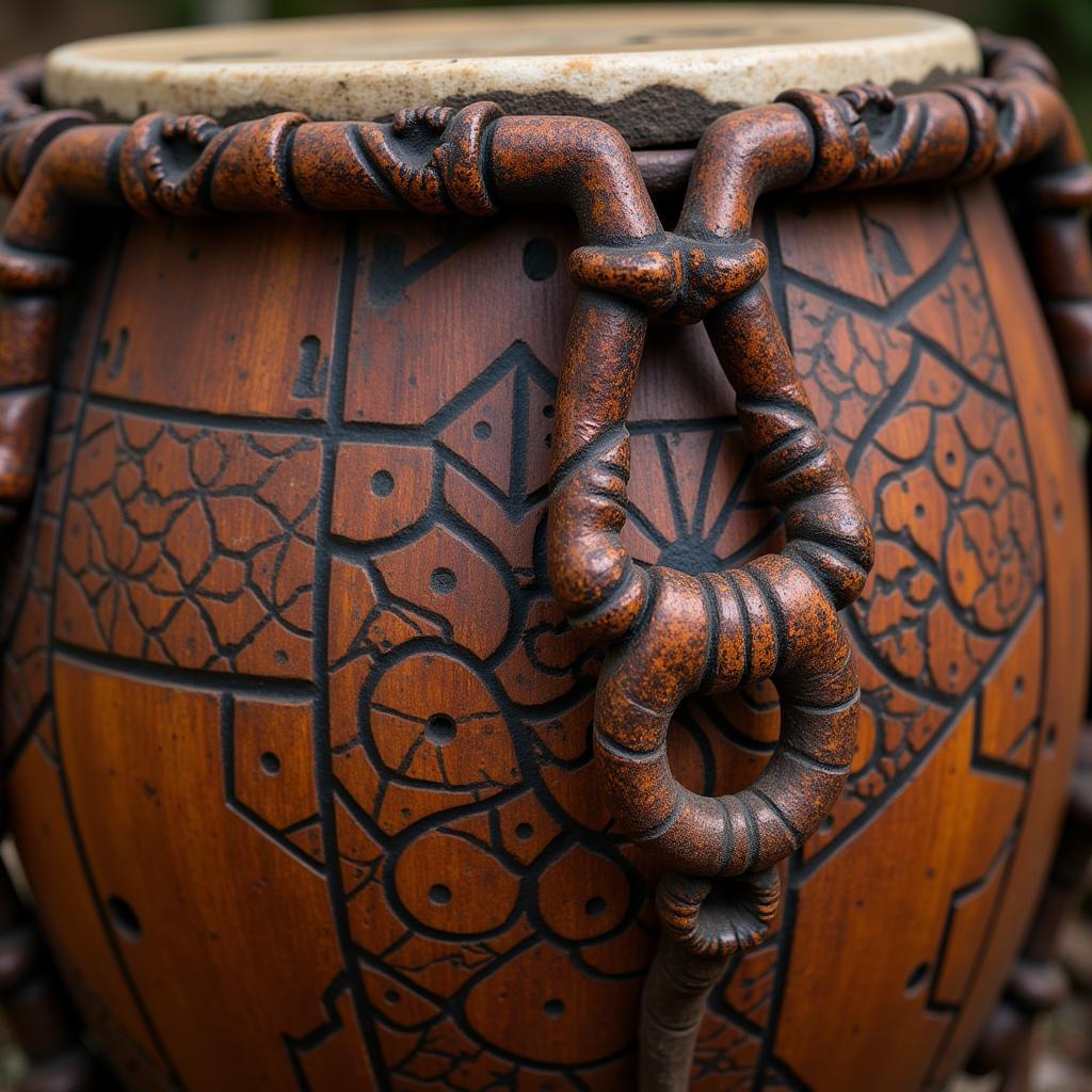 Intricate carvings on a traditional Burundi drum