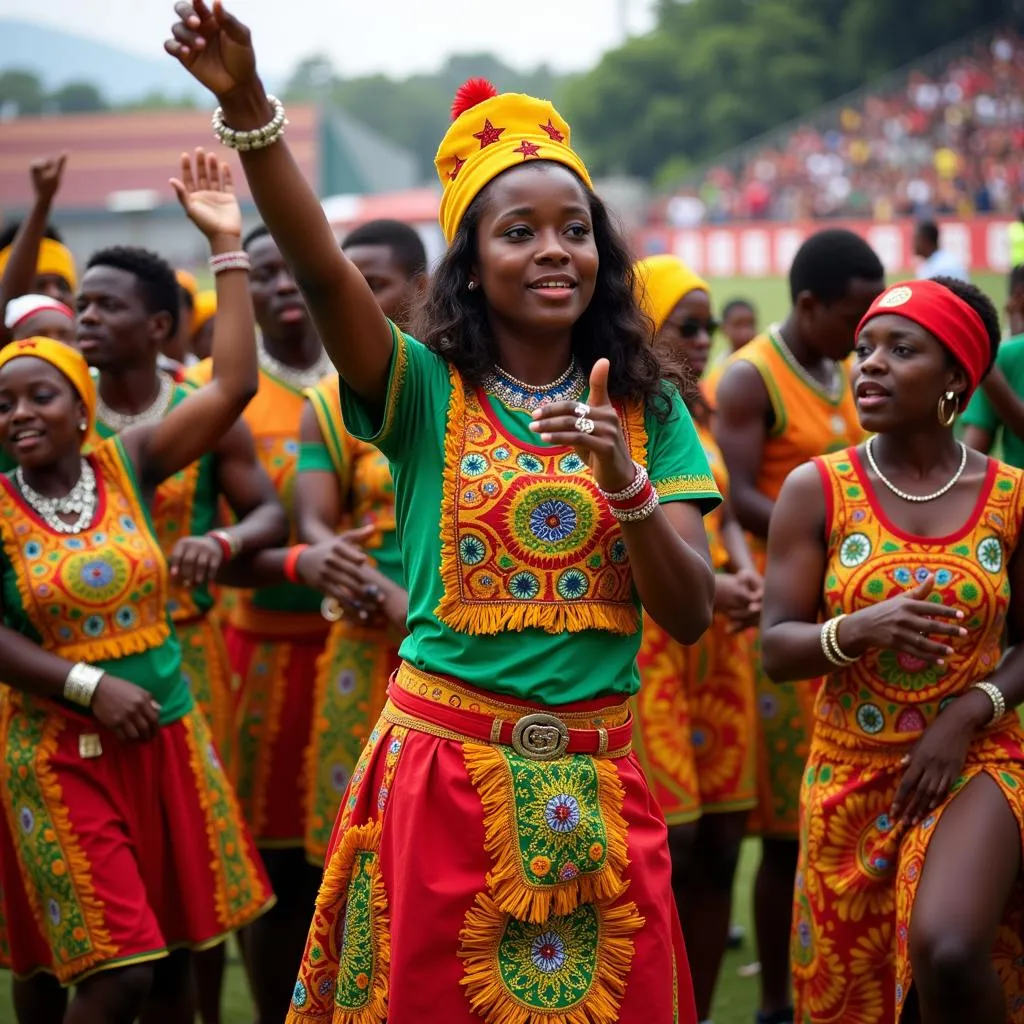 Cameroonian fans showcase traditional attire and dance during AFCON 2022