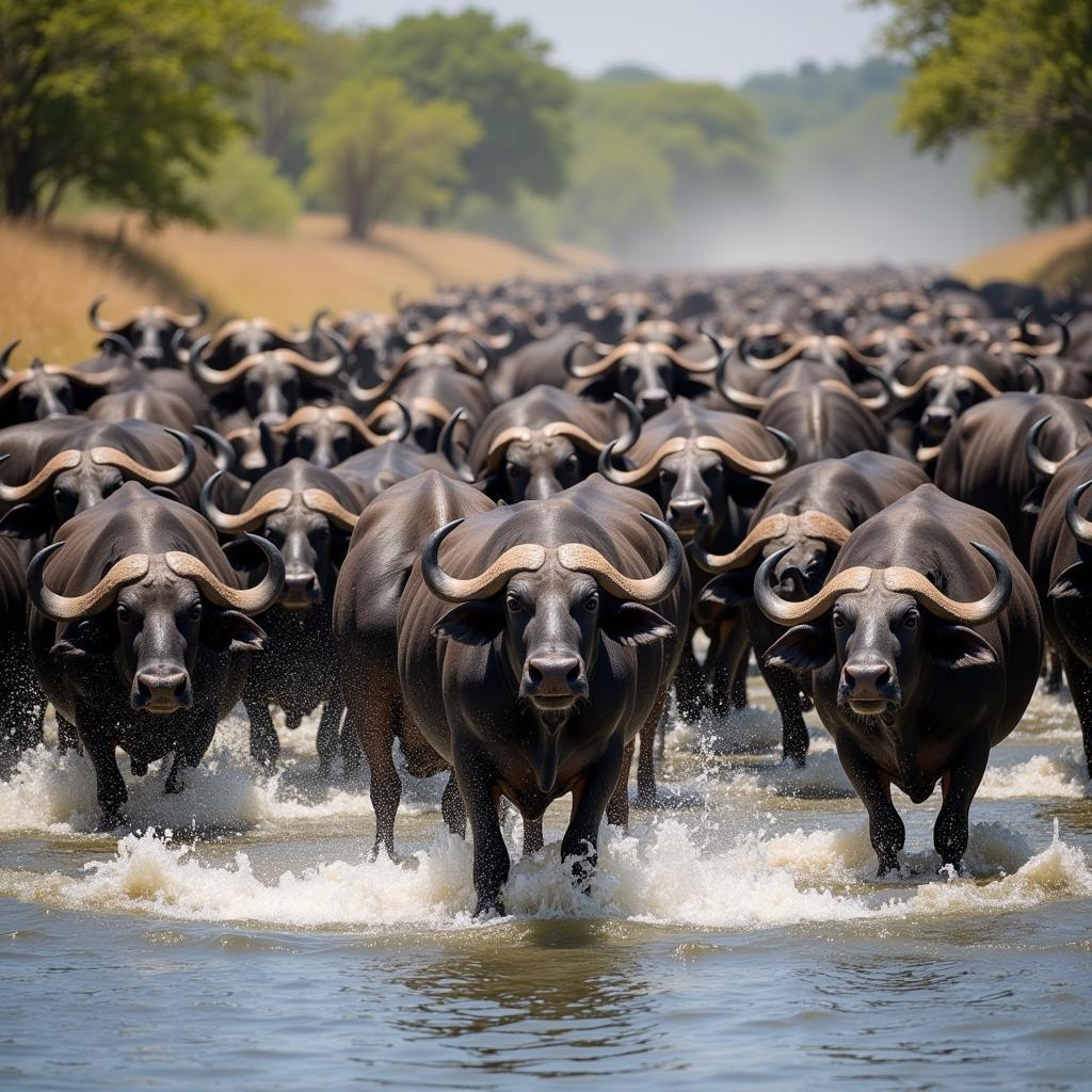 Cape buffalo herd crossing a river