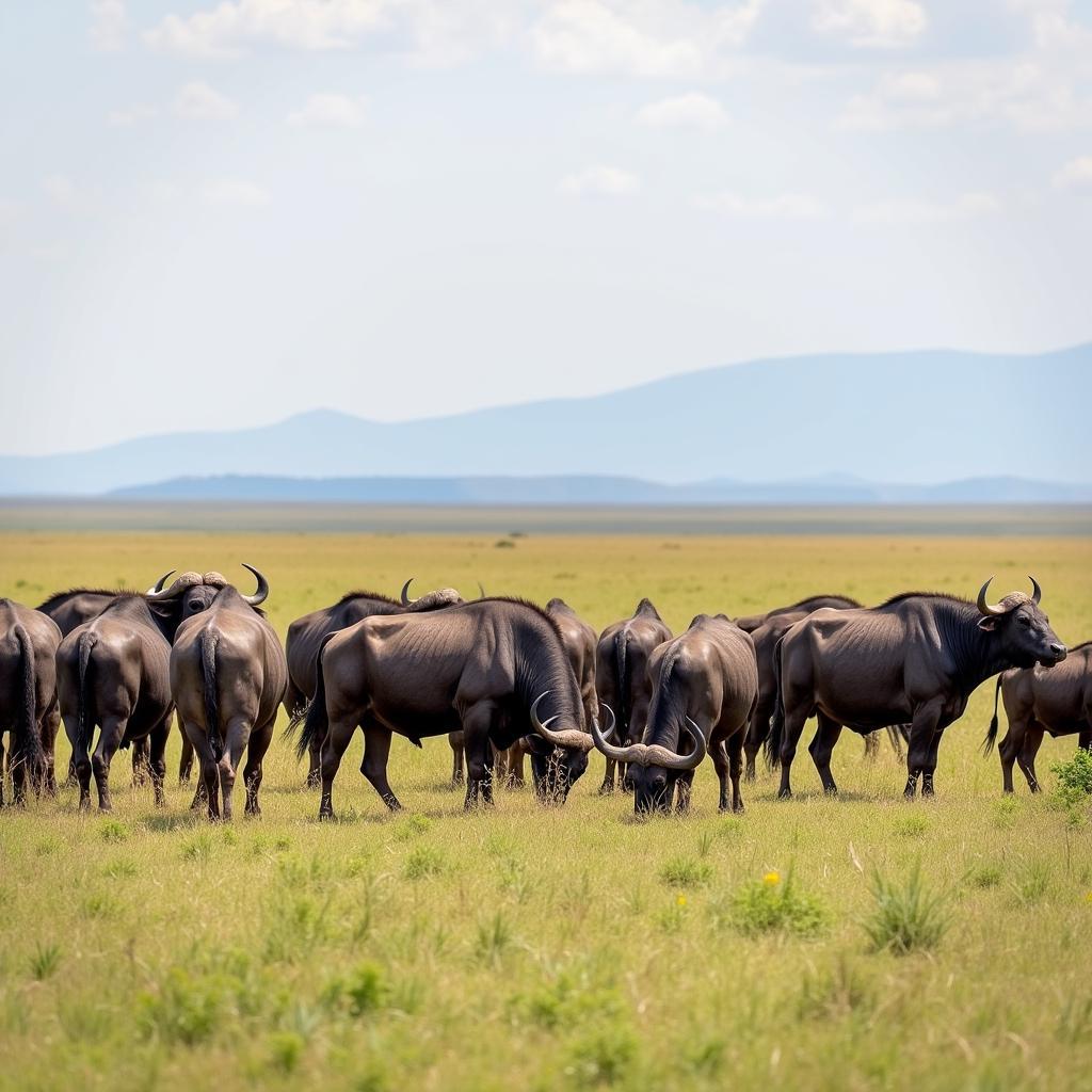 Cape Buffalo Herd Grazing on the African Savanna