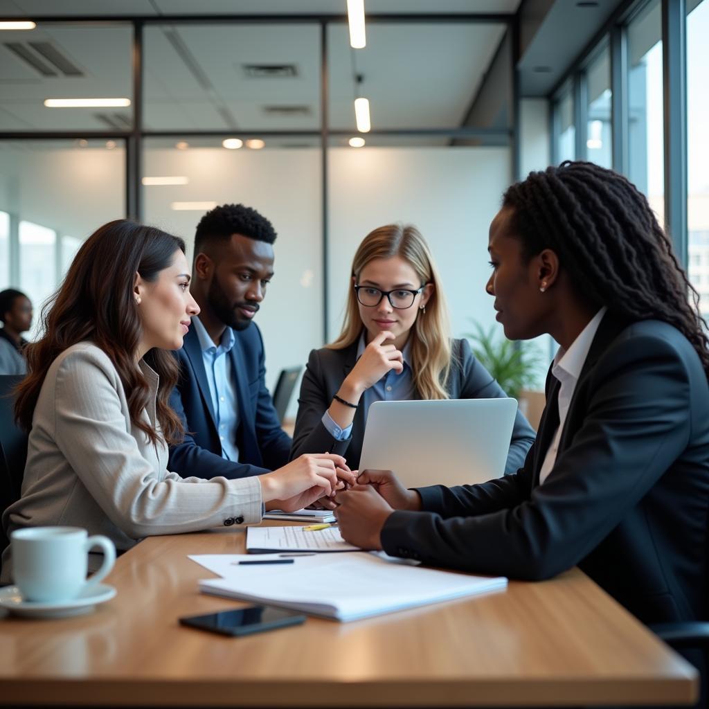 Diverse group of professionals working in a modern bank office