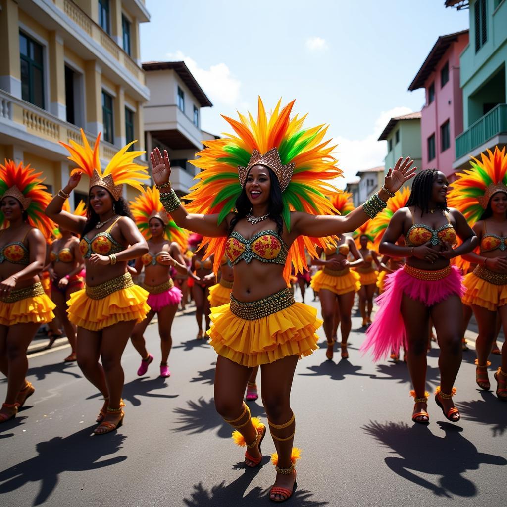 Carnival celebration in Trinidad, showcasing colorful costumes and rhythmic dancing