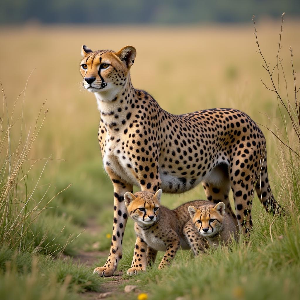 Cheetah mother and cubs on the African savanna in African Cats