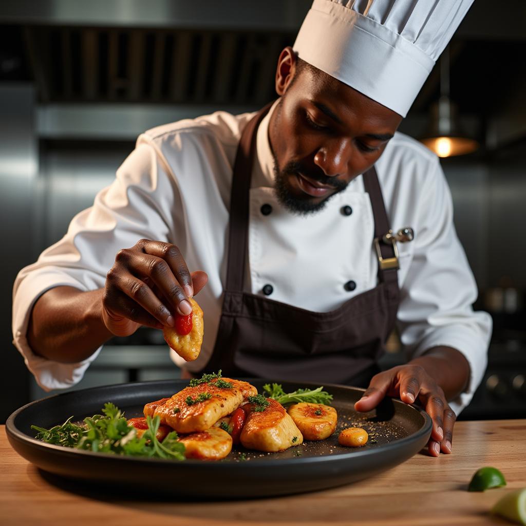 Chef Preparing Traditional African Dish in Restaurant Kitchen