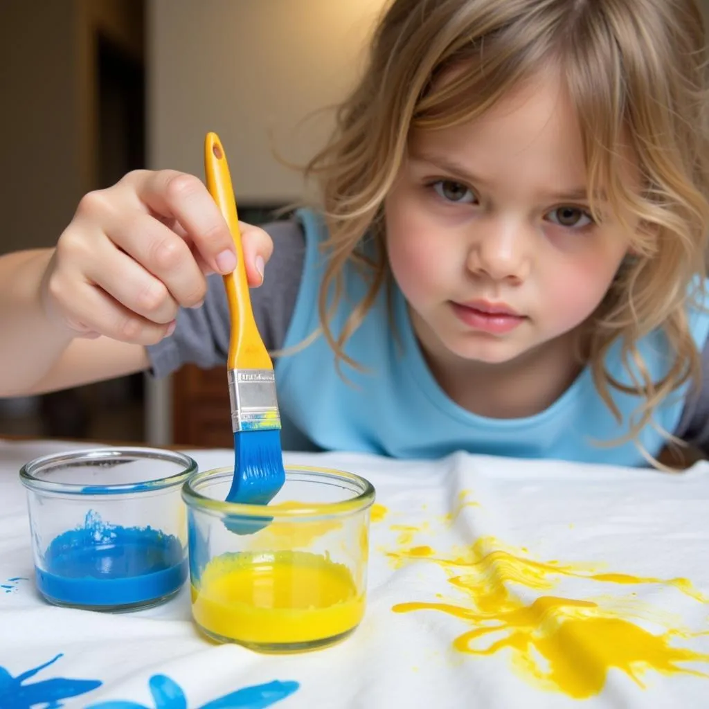 Child Concentrates on Painting Batik with Two Primary Colors