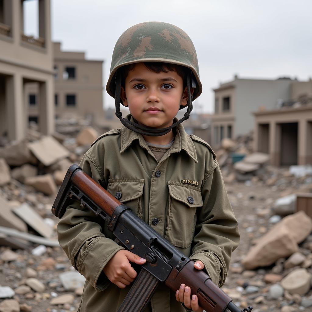 A child soldier stands amidst the ruins of a war-torn village, a poignant symbol of the devastating impact of conflict on the most vulnerable.