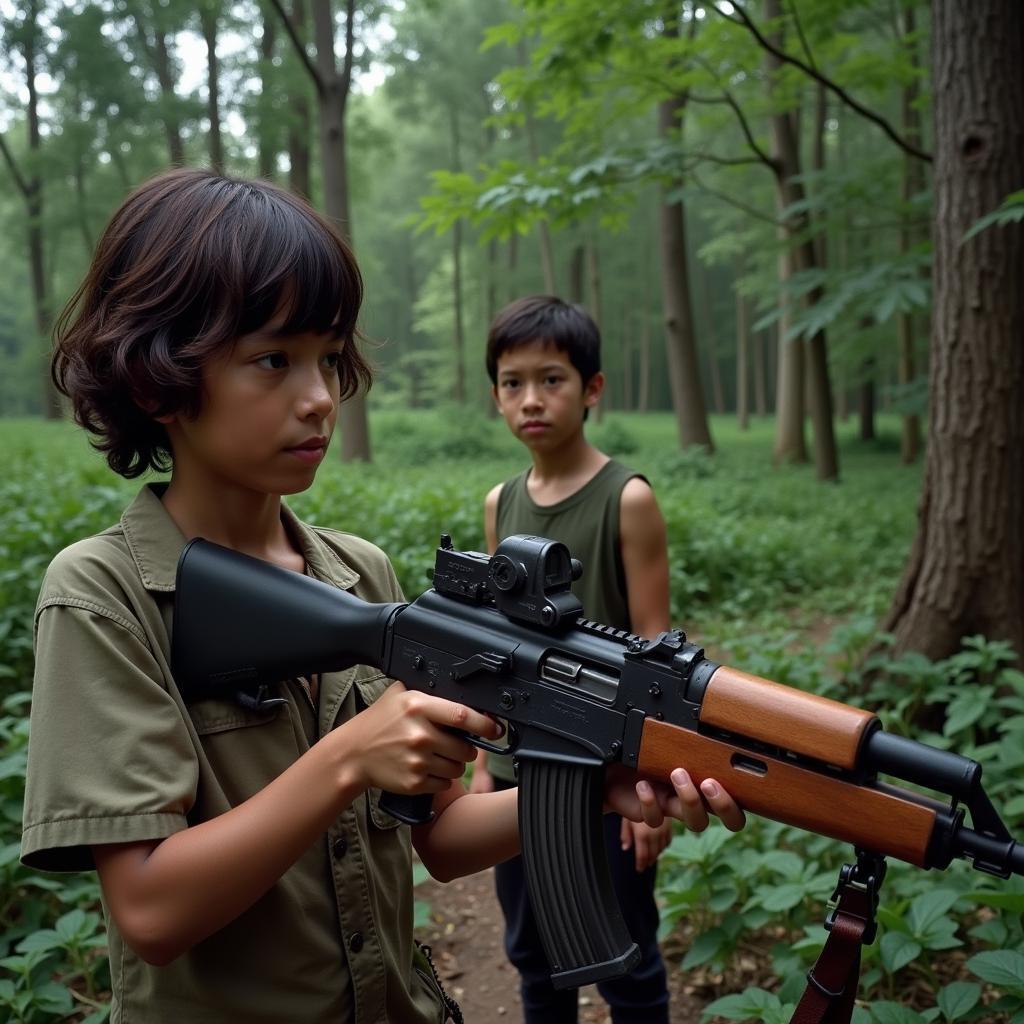 A child soldier participates in weapons training at a remote camp