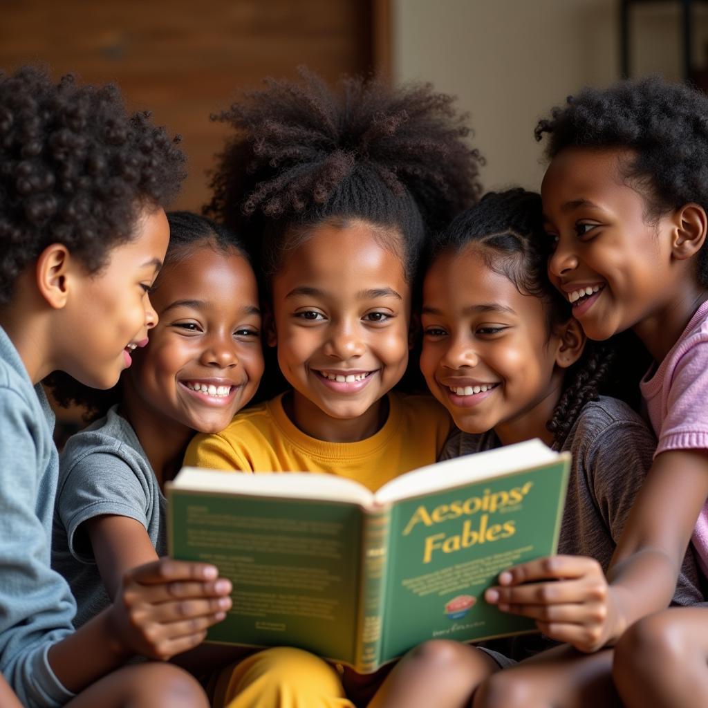 Children engrossed in a book of Aesop's Fables