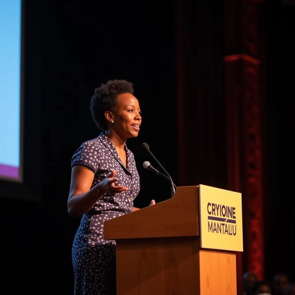 Chimamanda Ngozi Adichie speaking at a conference