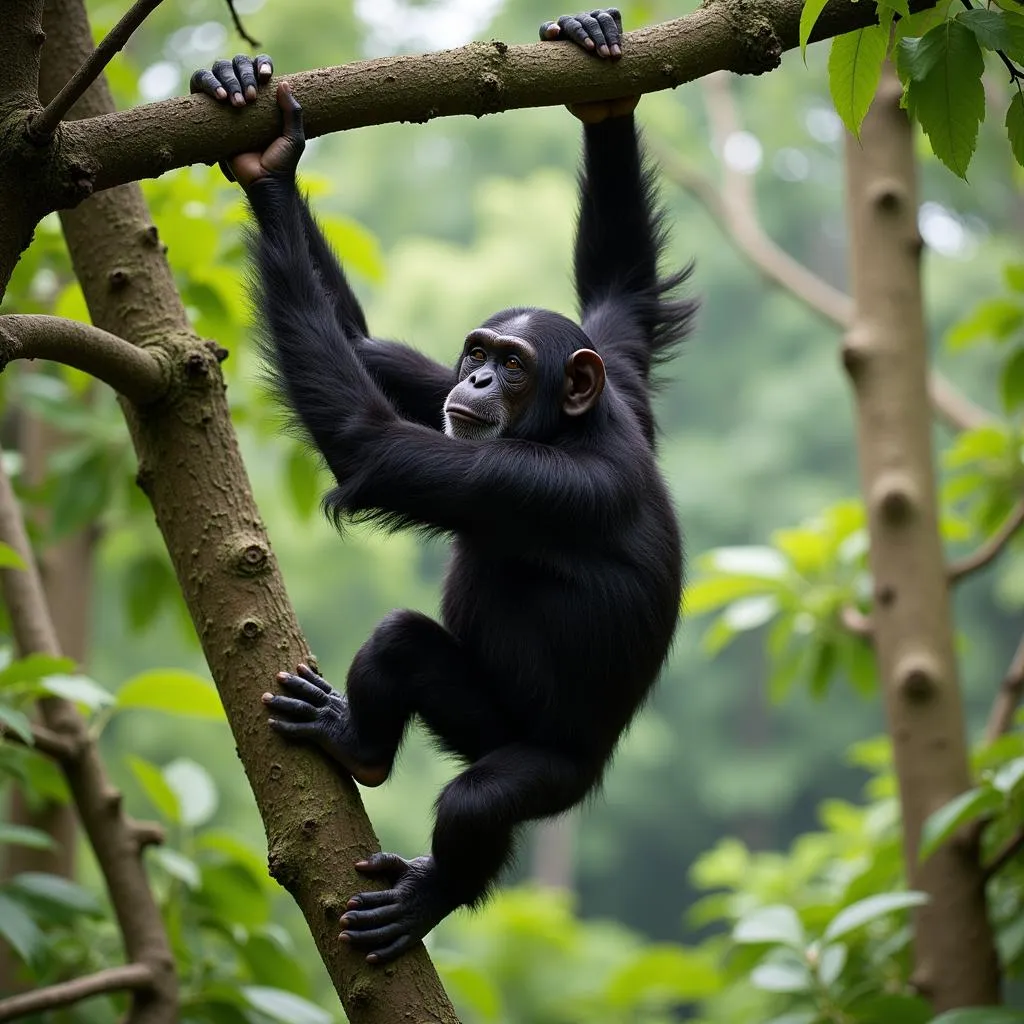 Chimpanzee Swinging Through Tree Branches in the Jungle