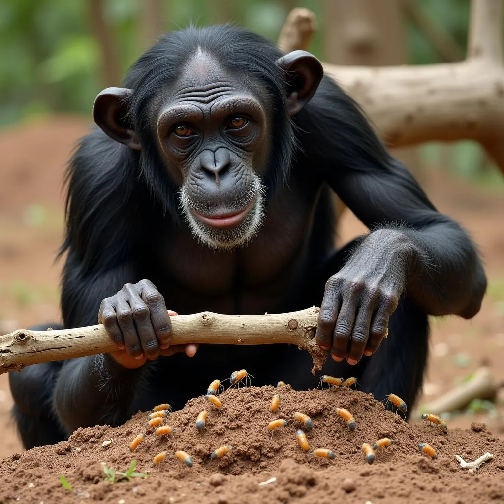 Chimpanzee Using a Stick to Extract Termites from a Mound