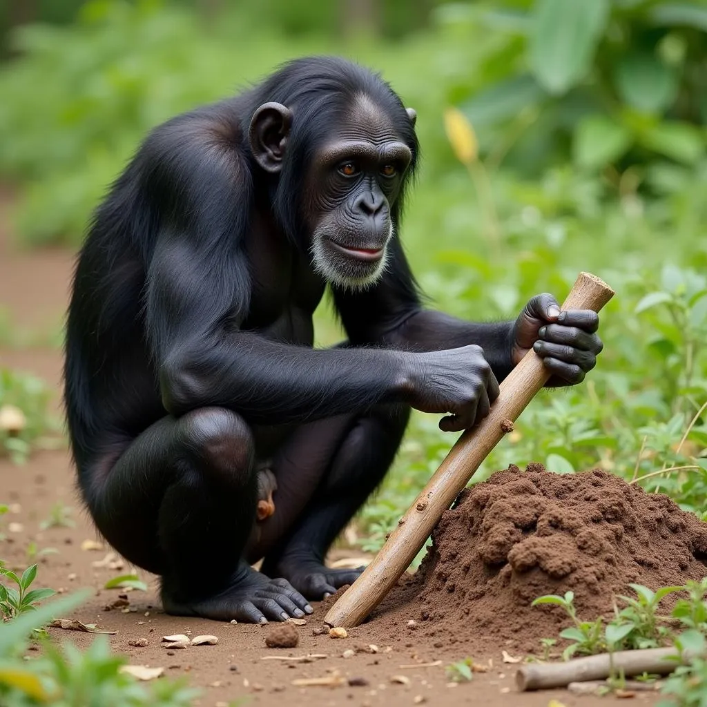 Chimpanzee Using a Tool to Extract Termites