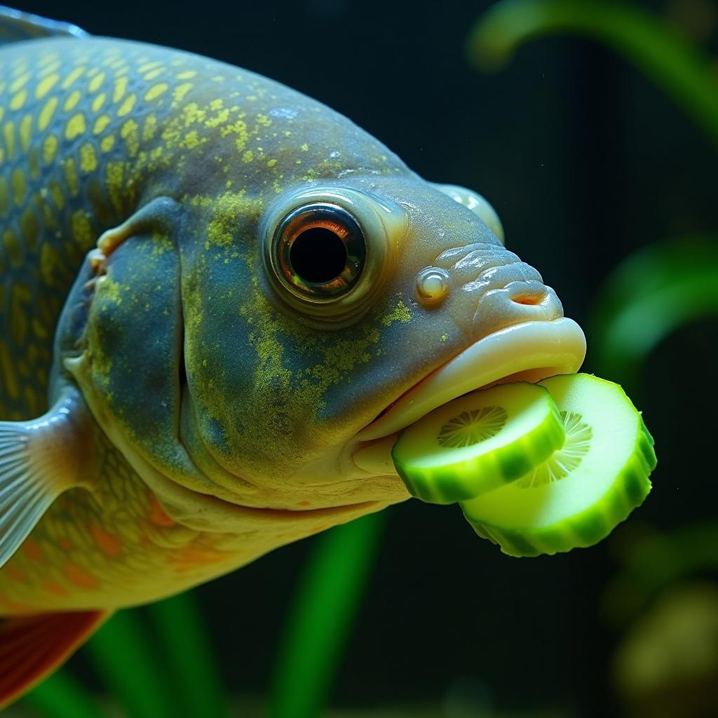 Cichlid fish eating a cucumber slice